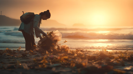 Silhouette of Asian women collecting garbage on the beach at sunset.の素材