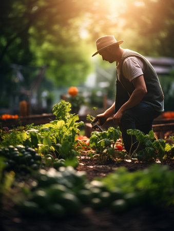Farmer working in the vegetable garden. Gardening and agriculture concept.の素材