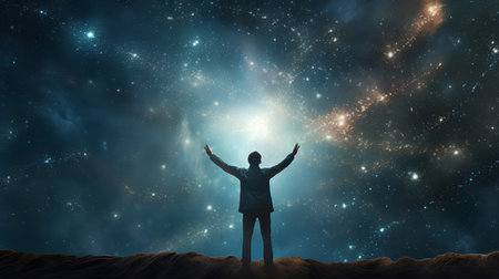 Conceptual image of businessman standing in space and looking at starsの素材