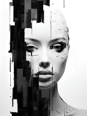 3d rendering of a female face with black and white background.の素材