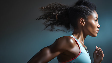 Young african american woman in sportswear running against grey backgroundの素材