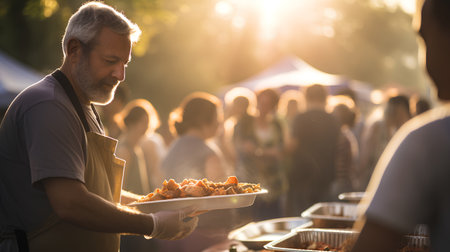 Mature man serving food to a group of people at a festivalの素材