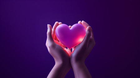 Hands holding pink heart on purple background. 3D rendering.の素材