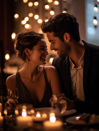Beautiful young couple sitting in a restaurant and looking at each otherの素材