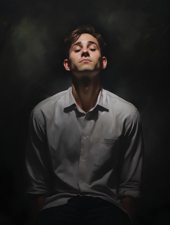 Portrait of a young handsome man in a shirt on a dark backgroundの素材