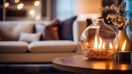Burning candle in a glass bottle on a table in the living roomの素材