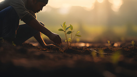 Hands of young asian man planting tree seedling on fertile soil with sunlight nature background. Save earth concept.の素材
