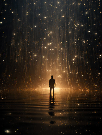 Man standing in the rain and looking at the light. 3d renderingの素材
