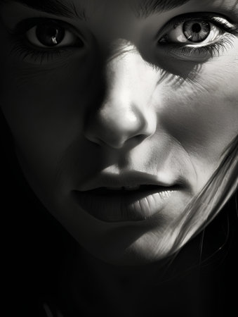 Portrait of a beautiful young woman, close-up, monochromeの素材