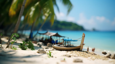 Wooden boat on the sandy beach with palm trees and blue seaの素材