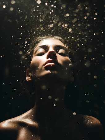 Portrait of a beautiful young sexy woman with closed eyes in the rainの素材