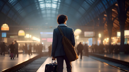 Rear view of young man with luggage at railway station. Travel conceptの素材