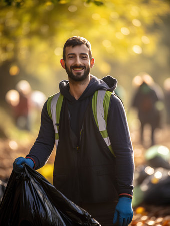Man picking up trash in the forest, selective focus on his faceの素材