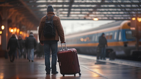 Young man with a suitcase waiting for a train at the station.の素材