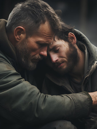Portrait of two loving men hugging each other in the street.の素材