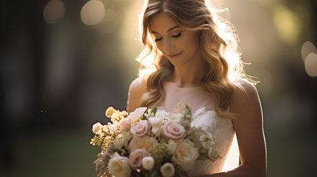 Beautiful bride with bouquet of flowers at sunset, closeupの素材