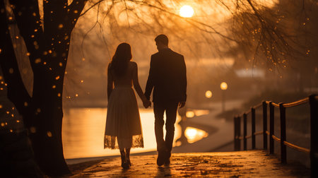 Silhouette of a loving couple walking in the park on the background of the sunsetの素材