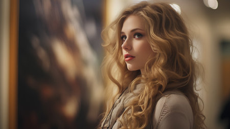 Portrait of a beautiful young woman with long curly hair in the interiorの素材