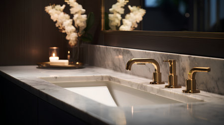 3D rendering of a modern bathroom with a bathtub and a candleの素材