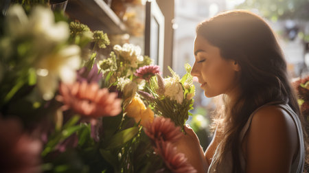 Beautiful young woman smelling flowers in a flower shop on a sunny dayの素材