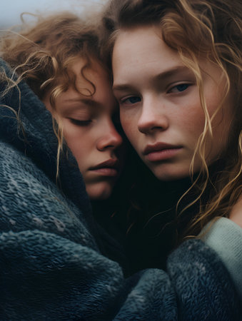 Portrait of two teen girls covered with blanket hugging each other.の素材