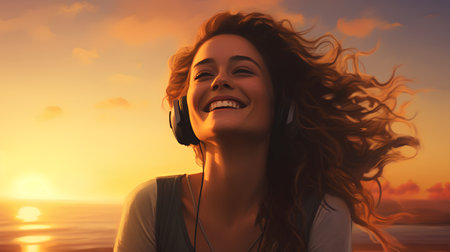 Beautiful woman listening to music on headphones on the beach at sunset.の素材