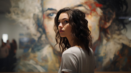 Portrait of a beautiful young woman with long black curly hair in a white T-shirt with a painted wall behind herの素材