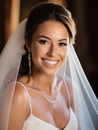 Portrait of a beautiful smiling bride in a white wedding dress.の素材