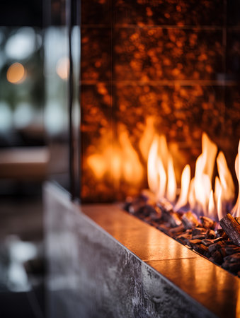 Fireplace with burning firewood in a restaurant. Selective focus.の素材