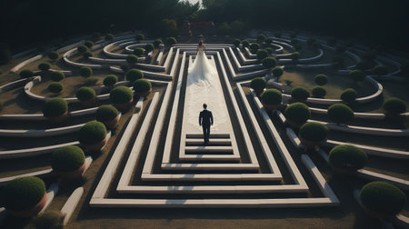 Lonely man standing in the middle of a labyrinth, 3d renderingの素材