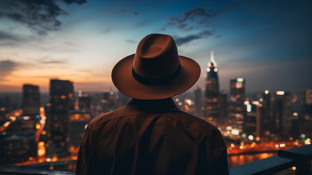 Man in a hat on the background of the city at sunset.の素材