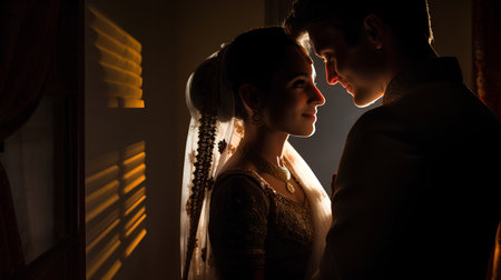 Beautiful bride and groom embracing in the room. Wedding couple.の素材