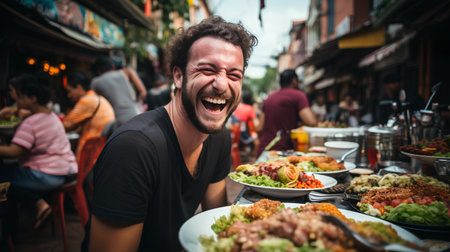 Handsome man eating Thai food in a street food market.の素材
