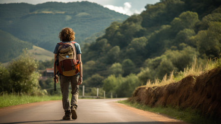 Back view of a young man with a backpack walking on a country road.の素材
