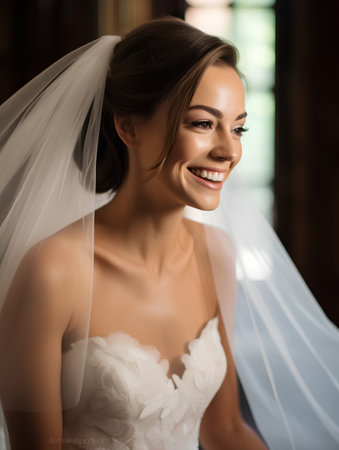 Portrait of a beautiful bride with makeup and hairstyle in a wedding dressの素材
