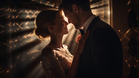 Beautiful bride and groom embracing and kissing in the room at sunsetの素材