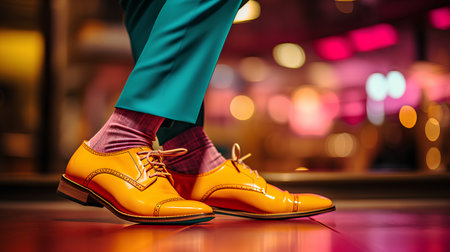Close-up of a man's legs wearing yellow shoes and green pants.の素材