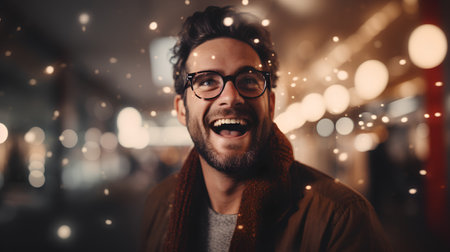 young cool man with glasses over christmas lights background, lifestyle people conceptの素材