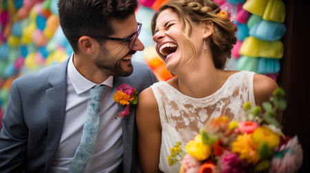 Happy bride and groom on their wedding day. Newlywed couple celebrating their wedding.の素材