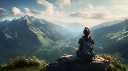 Young woman hiker sitting on top of a mountain and looking into the distanceの素材