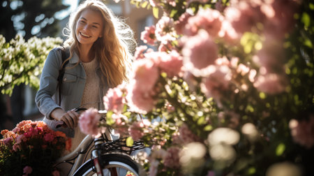 Beautiful young woman with bicycle in the city. Beautiful girl with flowers.の素材