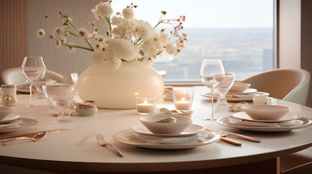 Table set for dinner in a modern dining room with flowers in vaseの素材