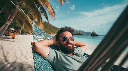 Man relaxing in hammock on tropical beach. Summer vacation concept.の素材