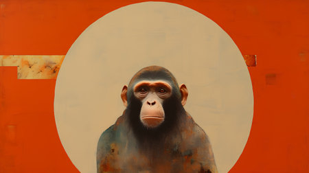 Chimpanzee portrait in front of a red background with copy spaceの素材