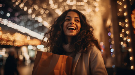 Happy young woman with shopping bags in the city at Christmas time.の素材