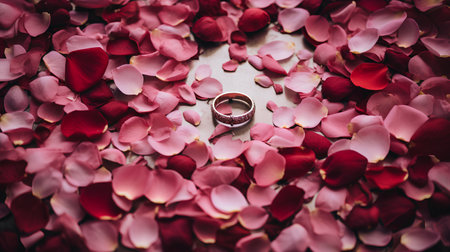 Wedding rings on rose petals background. Wedding concept.の素材