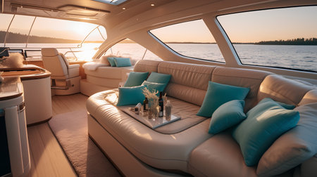 Interior of a luxury yacht with a beautiful view from the deck. 3d renderingの素材