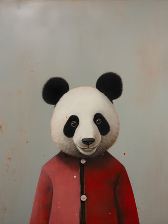 Portrait of panda in a red jacket on a gray backgroundの素材