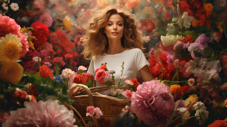 Beautiful young woman with long curly hair and flowers in a basketの素材