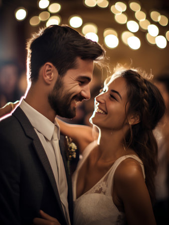 Beautiful bride and groom dancing on their wedding day in a restaurantの素材
